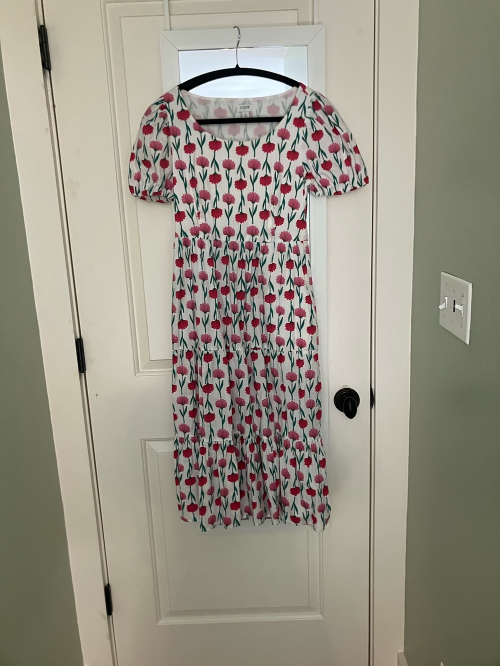 J. Crew White Midi Dress with Pink Floral Tulip Print